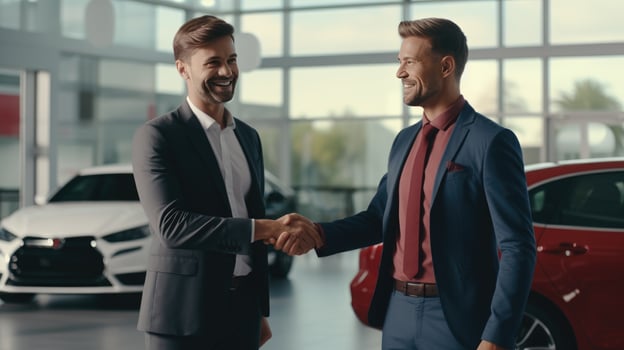 AI generated Car Sales Concept. Salesman Delivers Keys in Tax and Credit Process. Key Handover. Car Salesman Completing Sale with Buyer. Car Tax and Financial Deal. Salesman Finalizes Vehicle Purchase photo