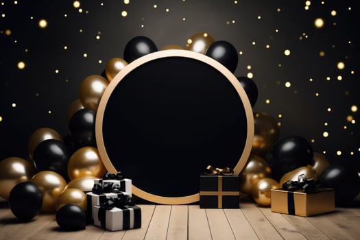 AI generated Birthday frame with golden and black balloons and confetti, Blank frame on golden balloons and golden confetti with black background , AI Generated photo