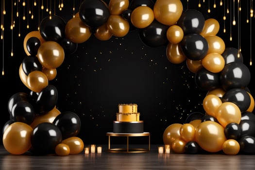 AI generated Birthday frame with golden and black balloons and confetti, Blank frame on golden balloons and golden confetti with black background , AI Generated photo
