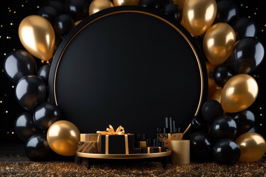 AI generated Birthday frame with golden and black balloons and confetti, Blank frame on golden balloons and golden confetti with black background , AI Generated photo