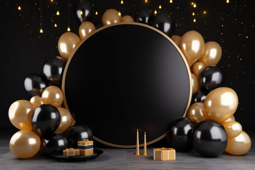 AI generated Birthday frame with golden and black balloons and confetti, Blank frame on golden balloons and golden confetti with black background , AI Generated photo