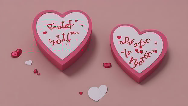 AI generated valentines day celebration, pink gift box with gold ribbon and heart romantic banner love concept on pink background 3d rendering. 3d render illustation. Flat lay, top view photo