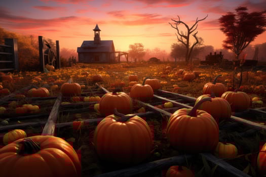 AI generated Halloween pumpkins at sunset with a beautiful sky in the background, A pumpkin patch with autumn leaves falling, AI Generated photo