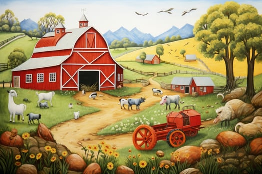 AI generated cartoon scene with farm animals on the field - illustration for children, A cute farm landscape with roly-poly animals and a bright red barn, AI Generated photo