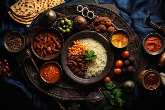 AI generated Rajasthani food, traditional Indian meal served in a bowl, Delicious food for a Ramadan feast on the table, top view, AI Generated photo
