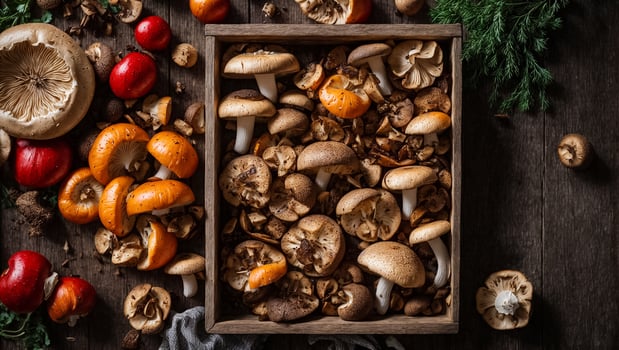 AI generated Fresh mushrooms in a wooden box on an old background photo