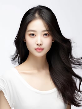 AI generated Portrait of white and clean young Japanese female beauty model, graceful posing, studio photo, isolated white background, AI Generative photo