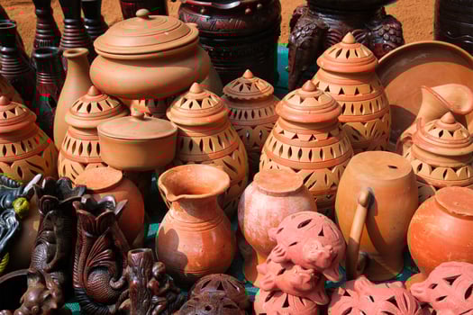 Street market exhibition of handmade pots, ceramic products, souvenirs. Udaipur, Rajasthan, India photo