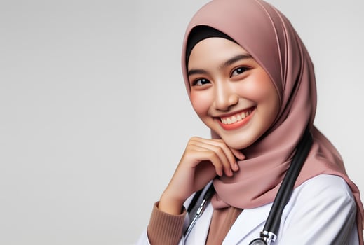 AI generated portrait of a smiling female doctor with stethoscope isolated white background photo