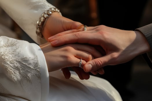 AI generated bride and groom holding hands on wedding day, close-up, Giving of the wedding ring, a close-up of the hand, AI Generated photo
