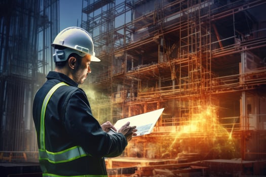 AI generated Engineer or architect working on construction site. Engineering and architecture concept, Double exposure of an engineer and architect working with a smartphone and digital tablet photo