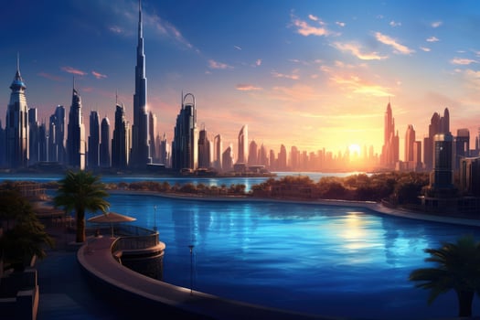 AI generated beautiful sunset in Dubai, United Arab Emirates. 3d rendering, Dubai and the Persian Gulf in the evening, AI Generated photo