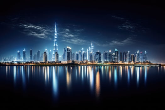 AI generated Dubai skyline at night with reflection in the water, United Arab Emirates, Dubai Panoramic Night View, AI Generated photo