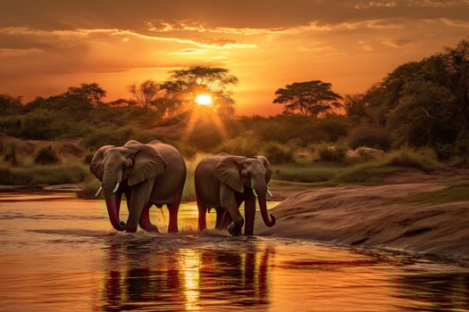 AI generated Elephants at sunset in Chobe National Park, Botswana, Africa, Elephants crossing the Olifant River, evening shot, Kruger National Park, AI Generated photo