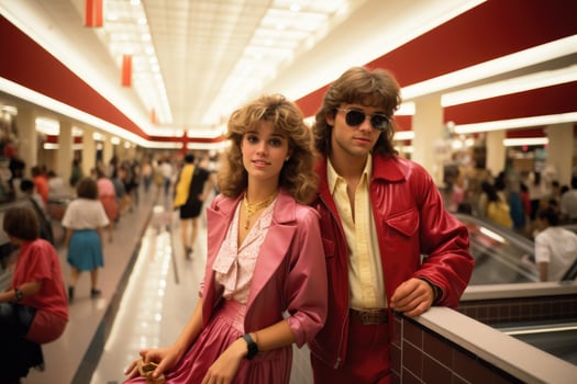 AI generated Portrait of a beautiful young couple in the shopping mall. Shallow depth of field, A 1980s mall scene with period-appropriate outfits, AI Generated photo