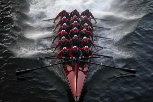 AI generated Harvard University races in the Head of Charles Regatta in Boston, MA, A bird's-eye view of a rowing team in perfect sync, AI Generated photo