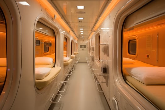 AI generated Interior of an airplane with empty seats and orange lights in the cabin, A capsule hotel room in Tokyo with high tech amenities, AI Generated photo
