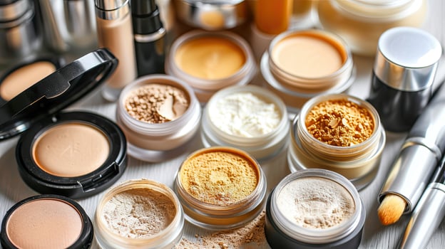 AI generated Elegant Makeup and Brushes Arrangement Top View photo