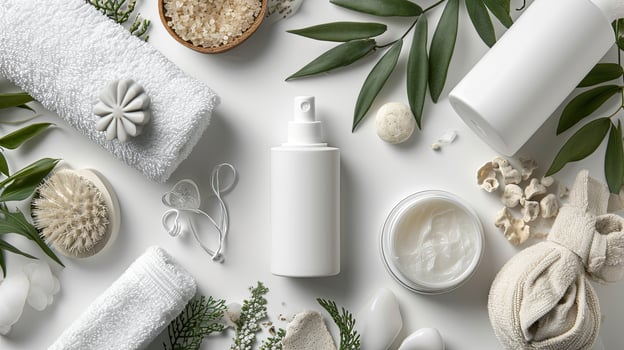 AI generated Natural Skincare Products Top View with Mockup Space photo