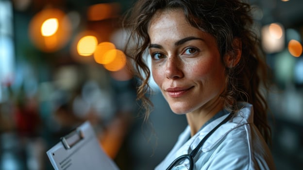 AI generated Confident Female Doctor with Stethoscope in Clinical Setting photo