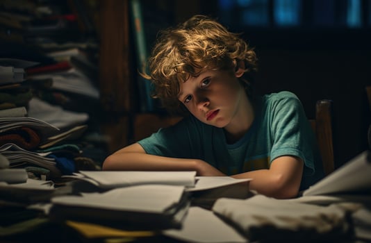 AI generated a boy writing on a paper while he lays on a bed photo