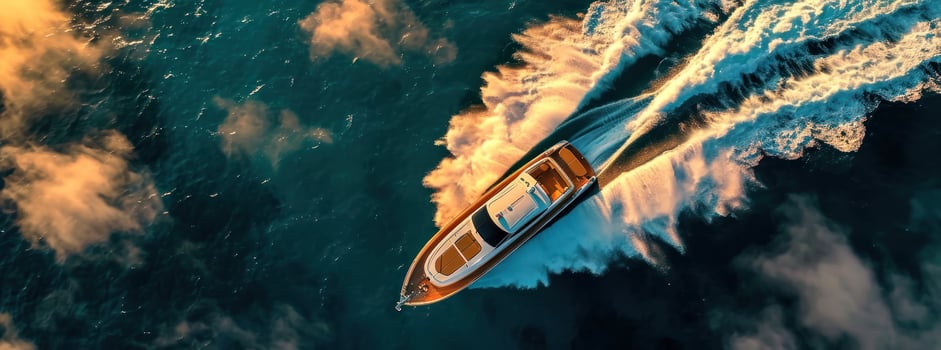 AI generated a blue boat is flying across the ocean photo