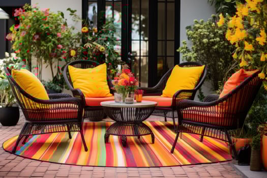 AI generated a patio with outdoor wicker chairs and colorful rug photo