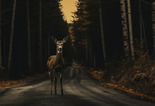 AI generated a beautiful deer stands on the road in the forest photo