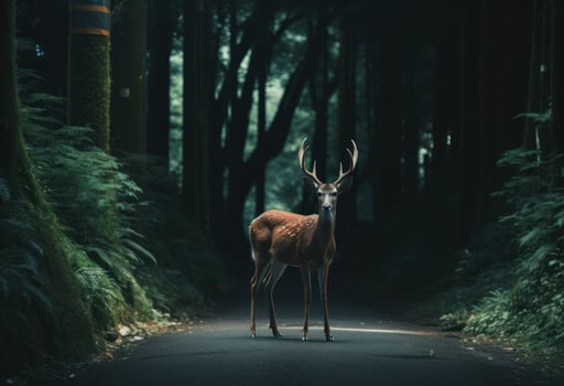 AI generated a beautiful deer stands on the road in the forest photo