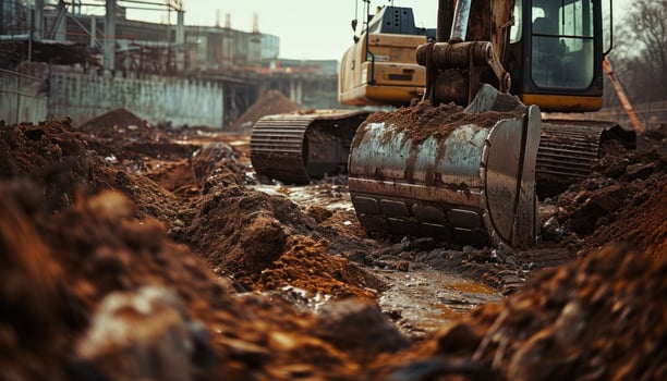 AI generated a city with a construction excavator at the front photo