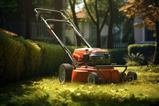 AI generated lawn mower on a green lawn with sunlight in the background photo