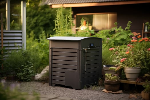 AI generated composting bin, wooden in the back yard photo