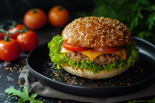 AI generated hamburger on black plate with tomatoes, cheese, lettuce and some ice cream photo