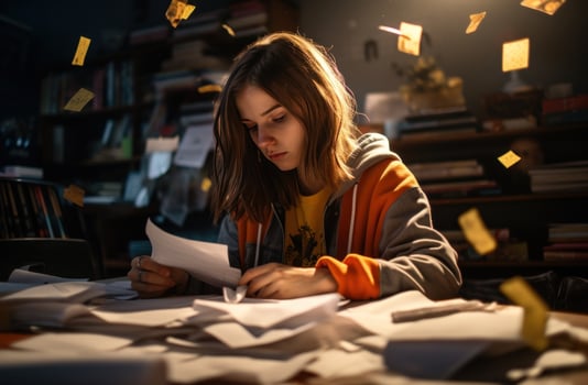 AI generated highschool student writing on paper, photo