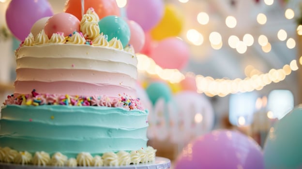 AI generated Tiered Birthday Cake with Festive Balloon Decorations photo