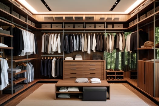 AI generated wardrobe with storage space including and shirts and dress shirts in one room photo