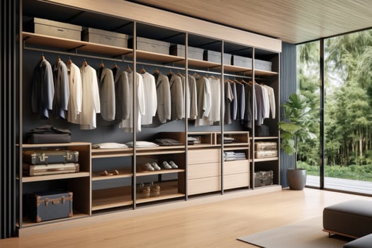 AI generated wardrobe with storage space including and shirts and dress shirts in one room photo