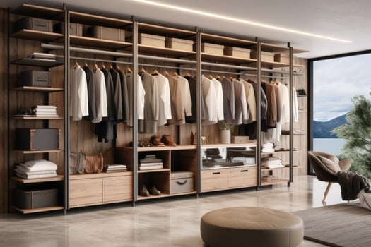AI generated wardrobe with storage space including and shirts and dress shirts in one room photo