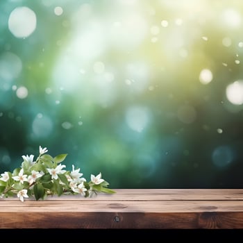 AI generated Backgrounds with empty wooden table. Generated AI. Jasmine flowers. photo