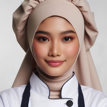 AI generated an Asian female chef wearing a hijab on a white background photo