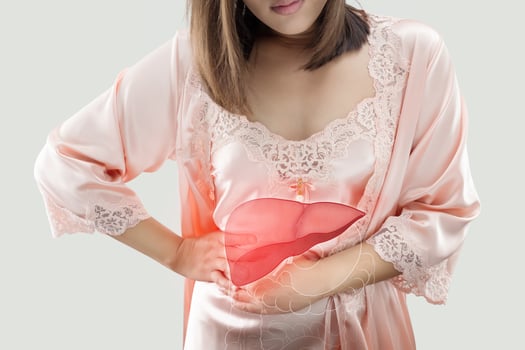 The Photo Of Liver On Woman's Body Against Gray Background, Hepatitis, Concept with Healthcare And Medicine