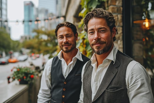 AI generated two successful businessmen taking a photo