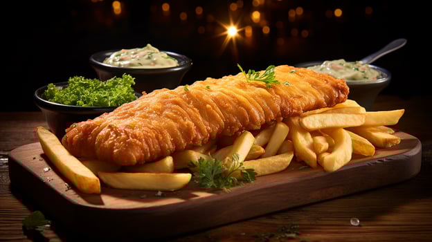AI generated Classic British fish and chips on wooden cutting board with a side of dips, Mid-angle Shot photo