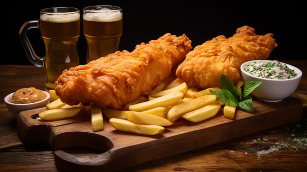 AI generated Classic British fish and chips on wooden cutting board with a side of dips, Mid-angle Shot photo