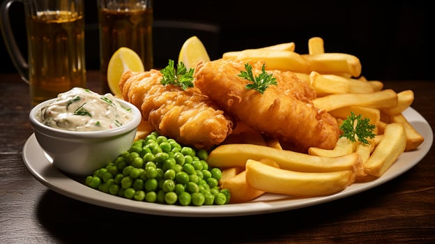 AI generated Crispy fish and chips on white plate with tartar sauce and peas, Side Shot photo