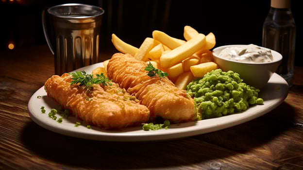AI generated Crispy fish and chips on white plate with tartar sauce and peas, Side Shot photo