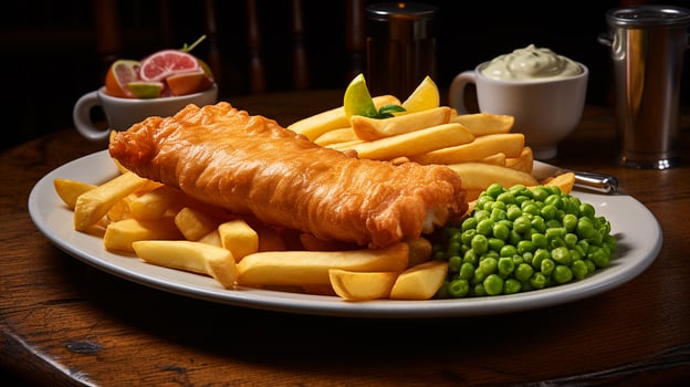AI generated Crispy fish and chips on white plate with tartar sauce and peas, Side Shot photo