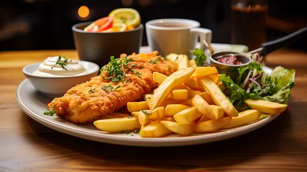 AI generated Crispy fish and golden chips with lemon wedge on plate, Close-up Shot photo
