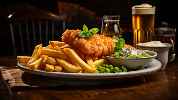 AI generated Crispy fish and golden chips with lemon wedge served on white plate with a pint of beer, Close-up Shot photo