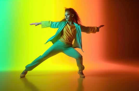 AI Generated Woman dancing on vibrant background photo